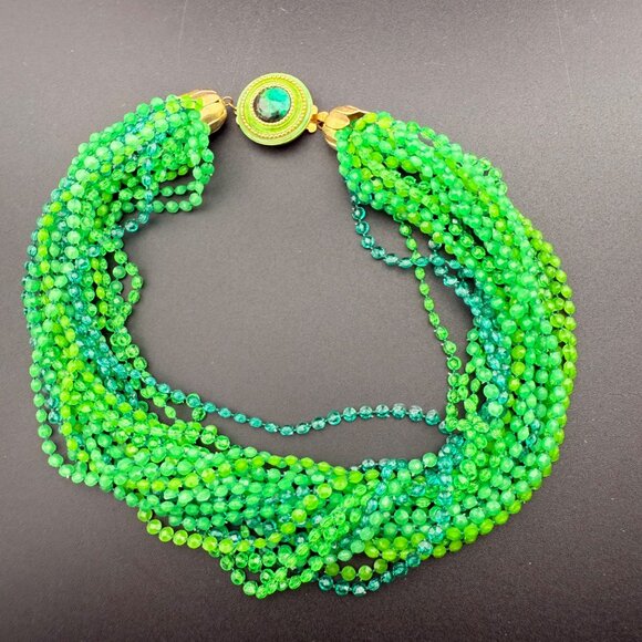 Vintage Multi-Strand Green Plastic Beaded Collar Necklace With Gold-Tone Ornate - Picture 6 of 8